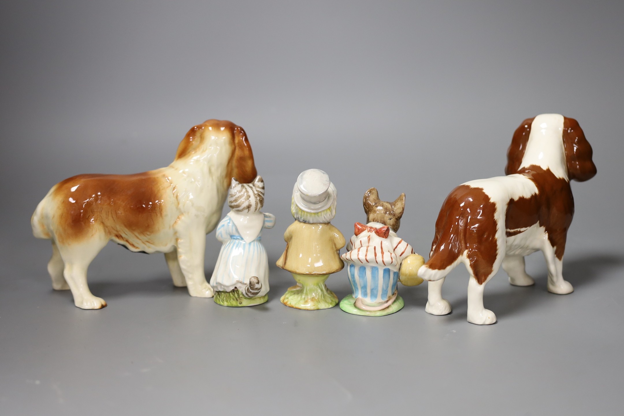 Five items of Beswick including three Beatrix Potter figures together with Crown Devon Rouge royal tray